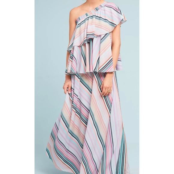 Anthropologie Dresses & Skirts - Anthropologie Striped One Shoulder Ruffle Tiered Maxi Dress Multi Color Boho